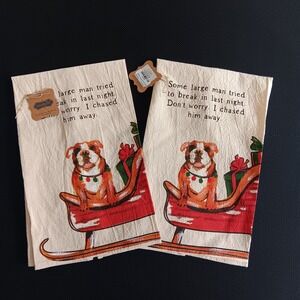 Mud Pie Tea Towel Set Unisex OS Cream New Christmas Bulldog Chase Dog 41500352C